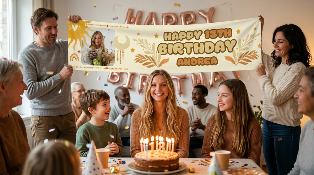 Family celebrating at a birthday party in front of a personalised boho theme birthday banner