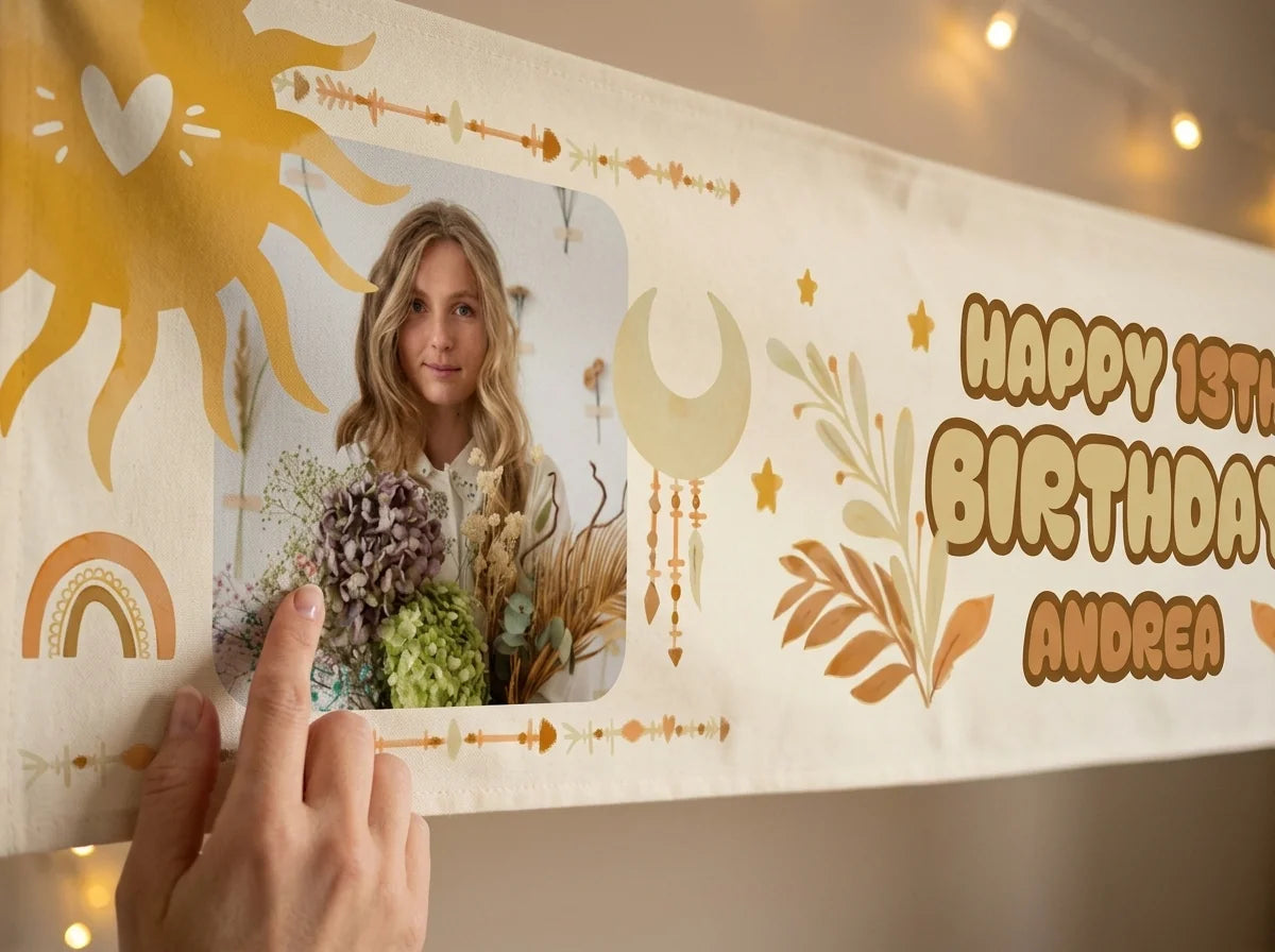 Close-up of the personalised photo, name and age printed on the boho theme birthday banner