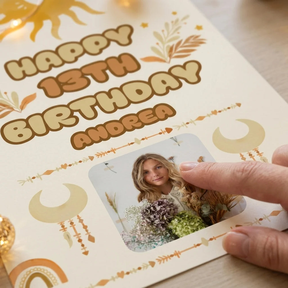 Close-up of the personalised name and photo printed on the Boho Theme Birthday Party Mega Card