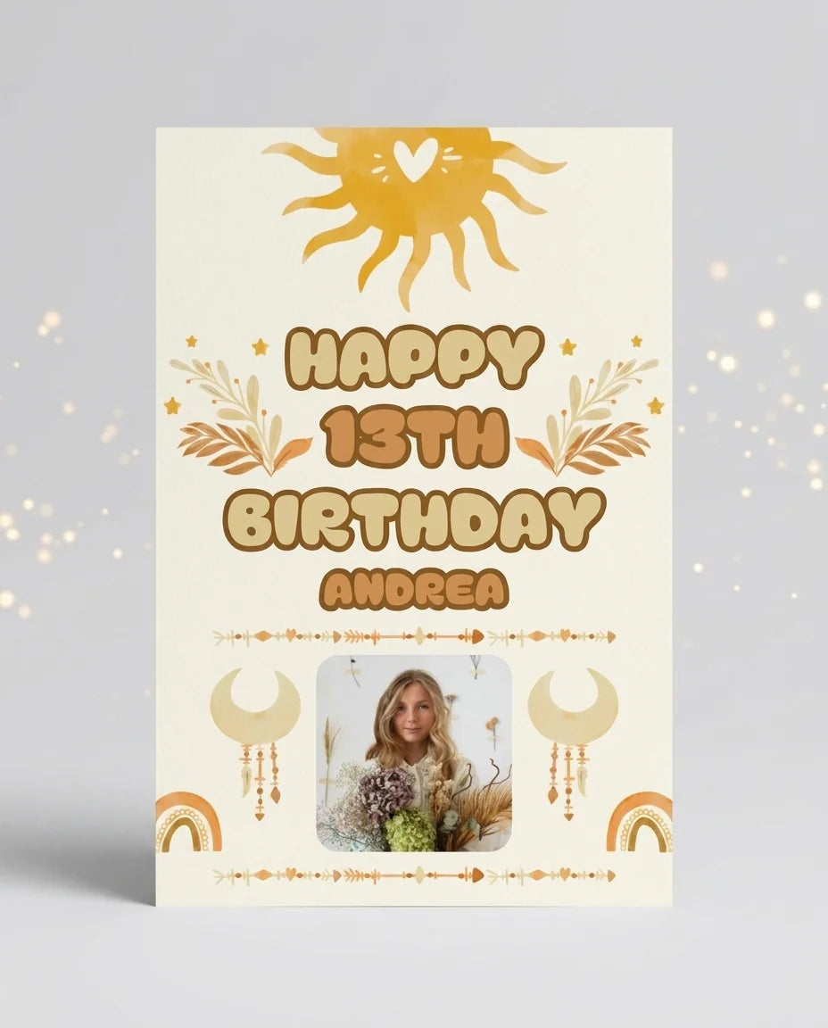 Personalised Boho Theme Birthday Party Mega Card displayed against a plain studio background
