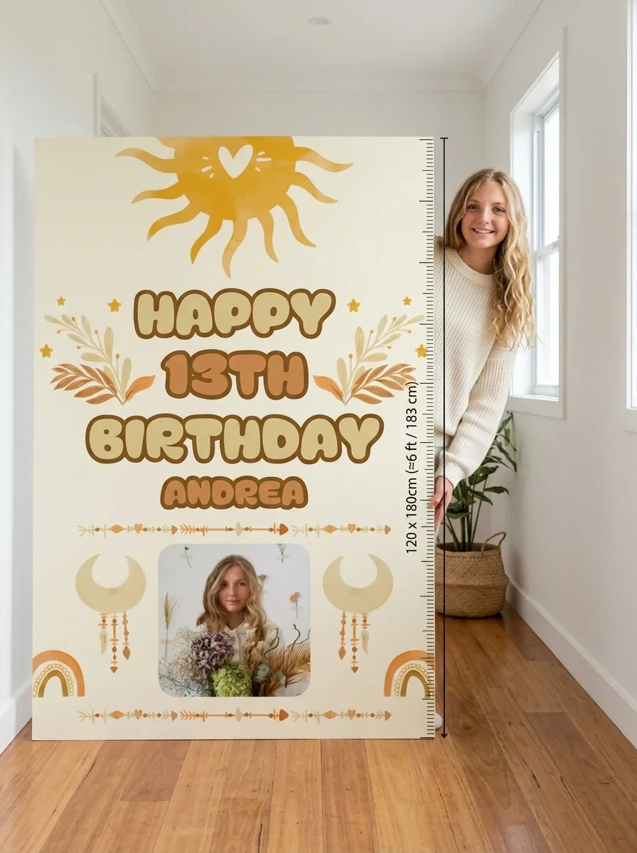 Person standing beside the Boho Theme Birthday Party Mega Card for scale in a size guide
