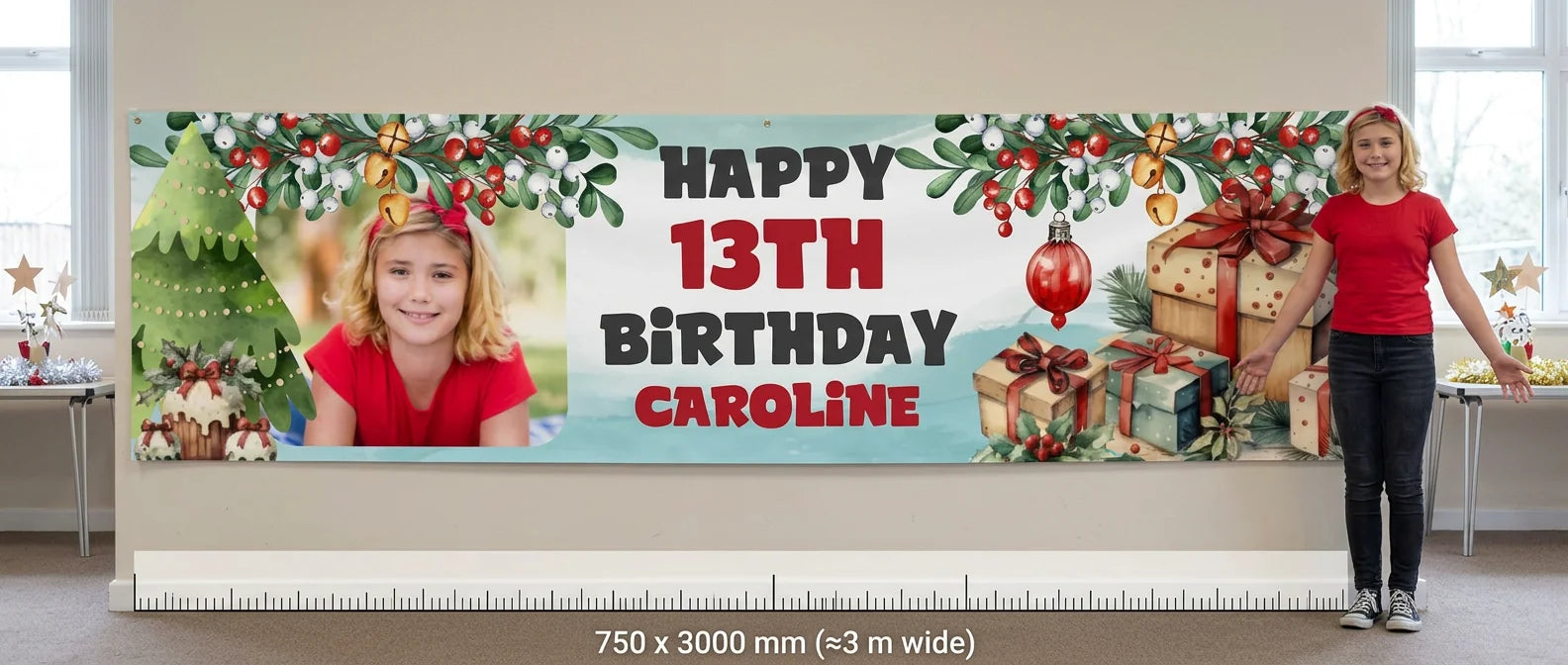 Person standing beside the Red Christmas Gifts Theme Birthday Party Banner for scale, with size guide showing 750 x 3000 mm