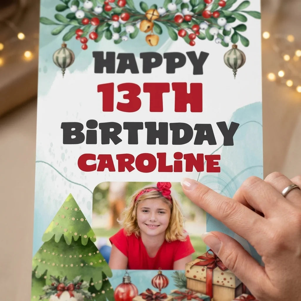 Close-up of the personalised name and photo printed on the Red Christmas Gifts Theme Birthday Party Mega Card