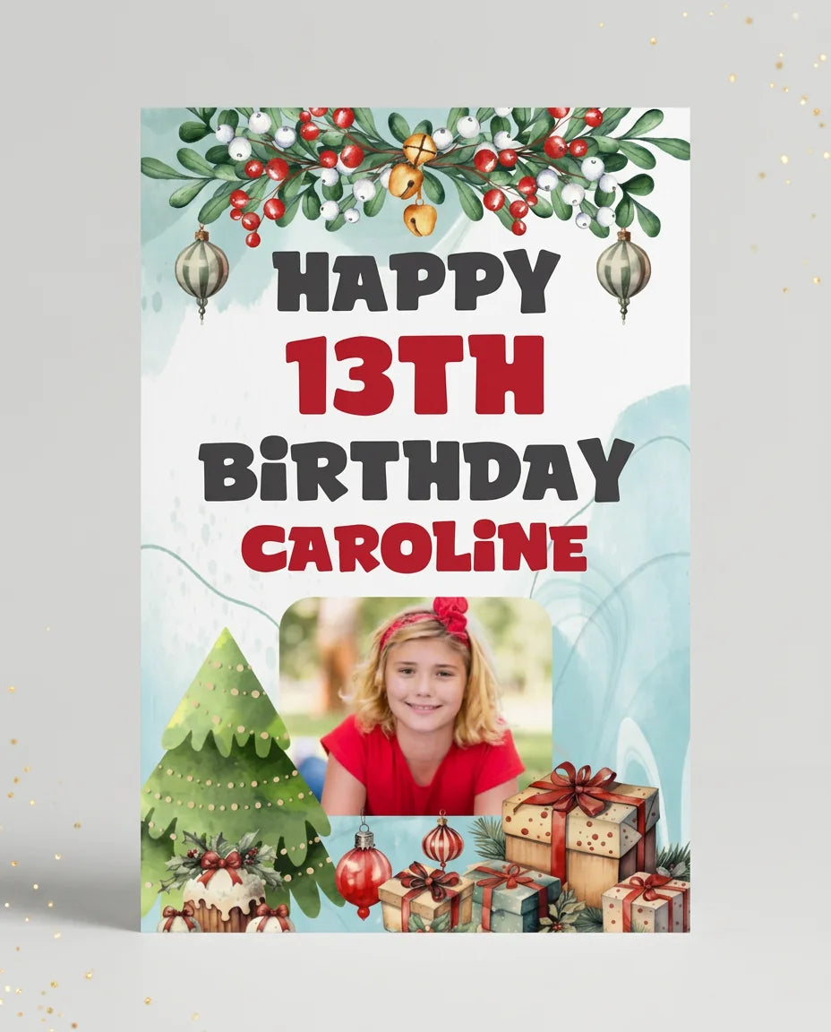 Personalised Red Christmas Gifts Theme Birthday Party Mega Card displayed against a plain studio background