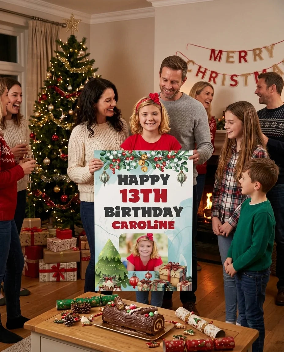 Friends and family celebrating with the personalised Red Christmas Gifts Theme Birthday Party Mega Card