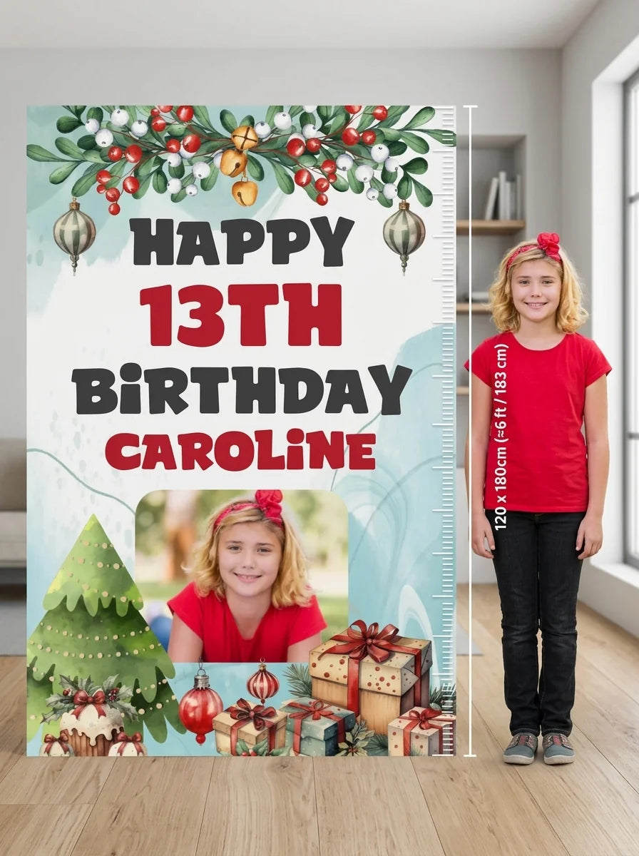 Person standing beside the Red Christmas Gifts Theme Birthday Party Mega Card for scale in a size guide