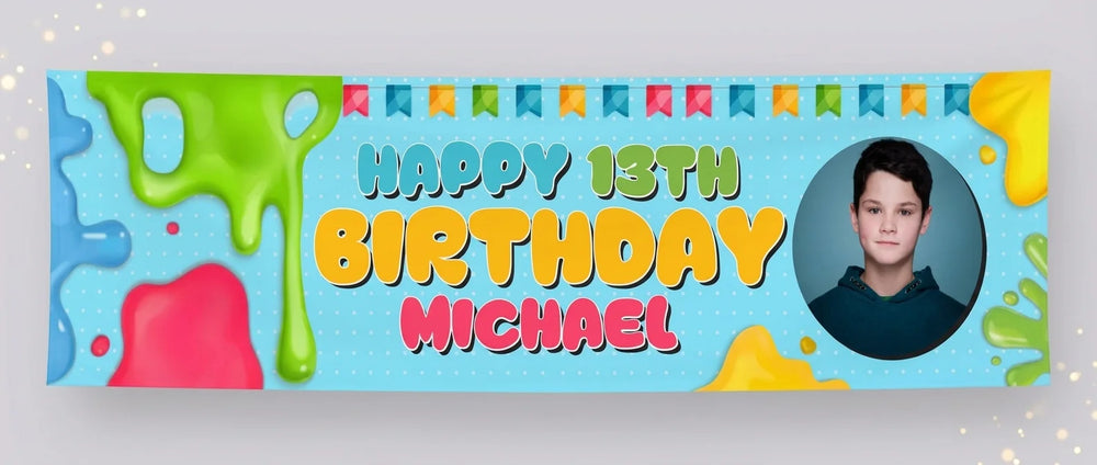 Personalised Slime Theme Birthday Party Banner displayed against a plain studio background