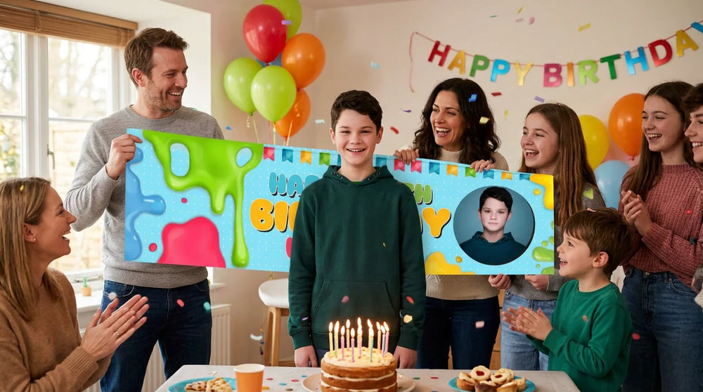 Friends and family celebrating with the personalised Slime Theme Birthday Party Banner
