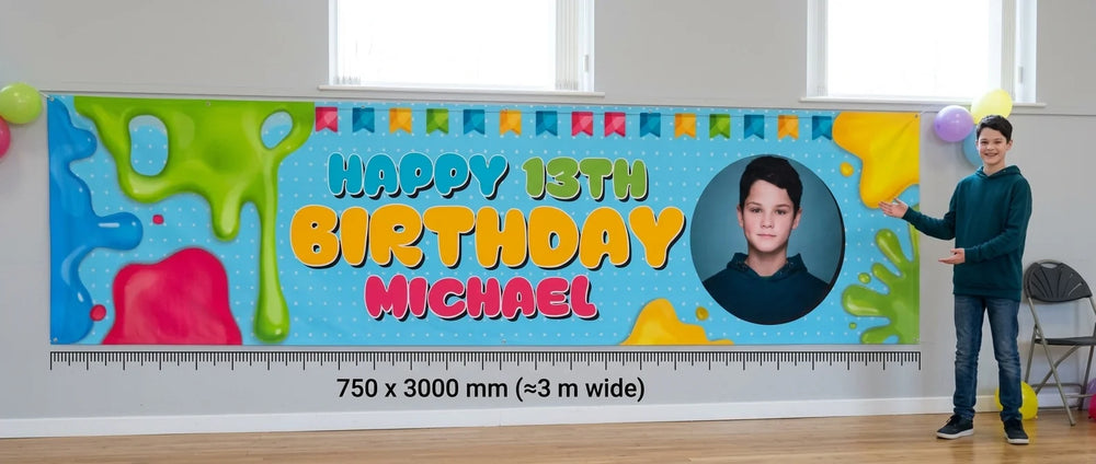 Person standing beside the Slime Theme Birthday Party Banner for scale, with size guide showing 750 x 3000 mm