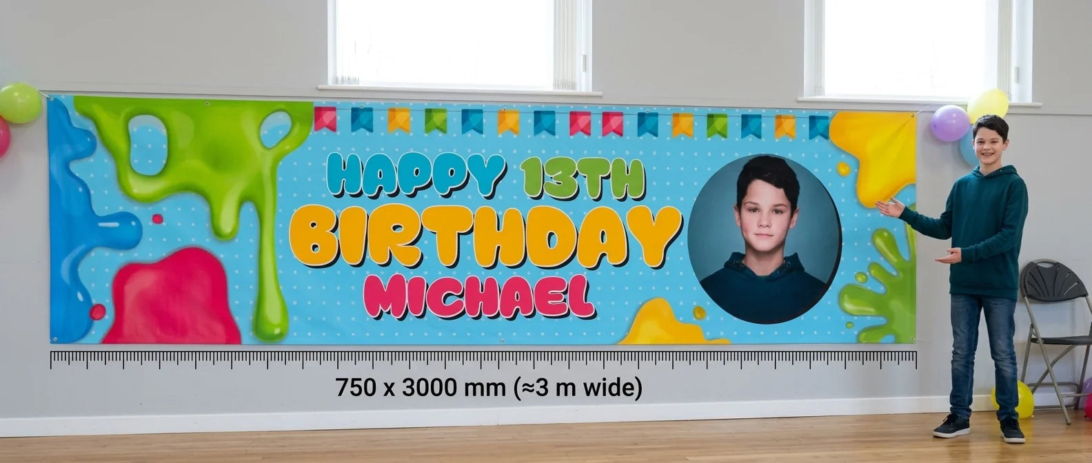 Person standing beside the Slime Theme Birthday Party Banner for scale, with size guide showing 750 x 3000 mm