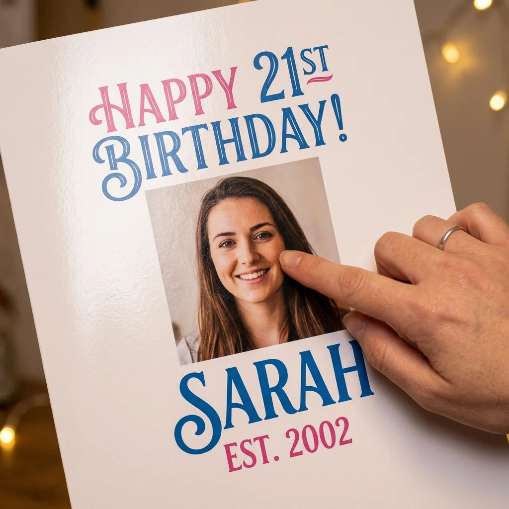 Close-up of the personalised name and photo printed on the Slime Theme Birthday Party Mega Card