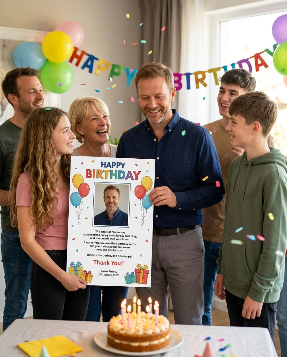 Friends and family celebrating with the personalised Slime Theme Birthday Party Mega Card