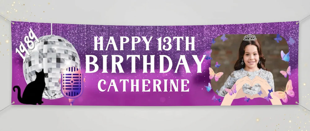 Personalised The Eras Tour Theme Birthday Party Banner displayed against a plain studio background