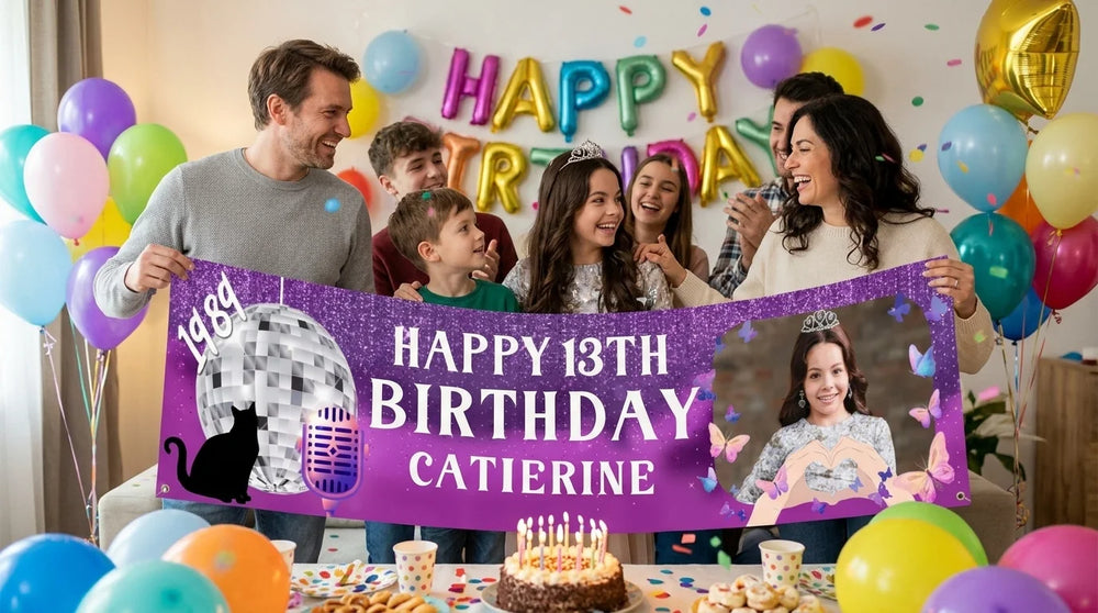 Friends and family celebrating with the personalised The Eras Tour Theme Birthday Party Banner