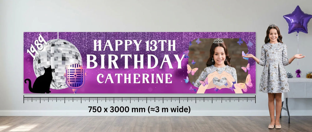 Person standing beside the The Eras Tour Theme Birthday Party Banner for scale, with size guide showing 750 x 3000 mm