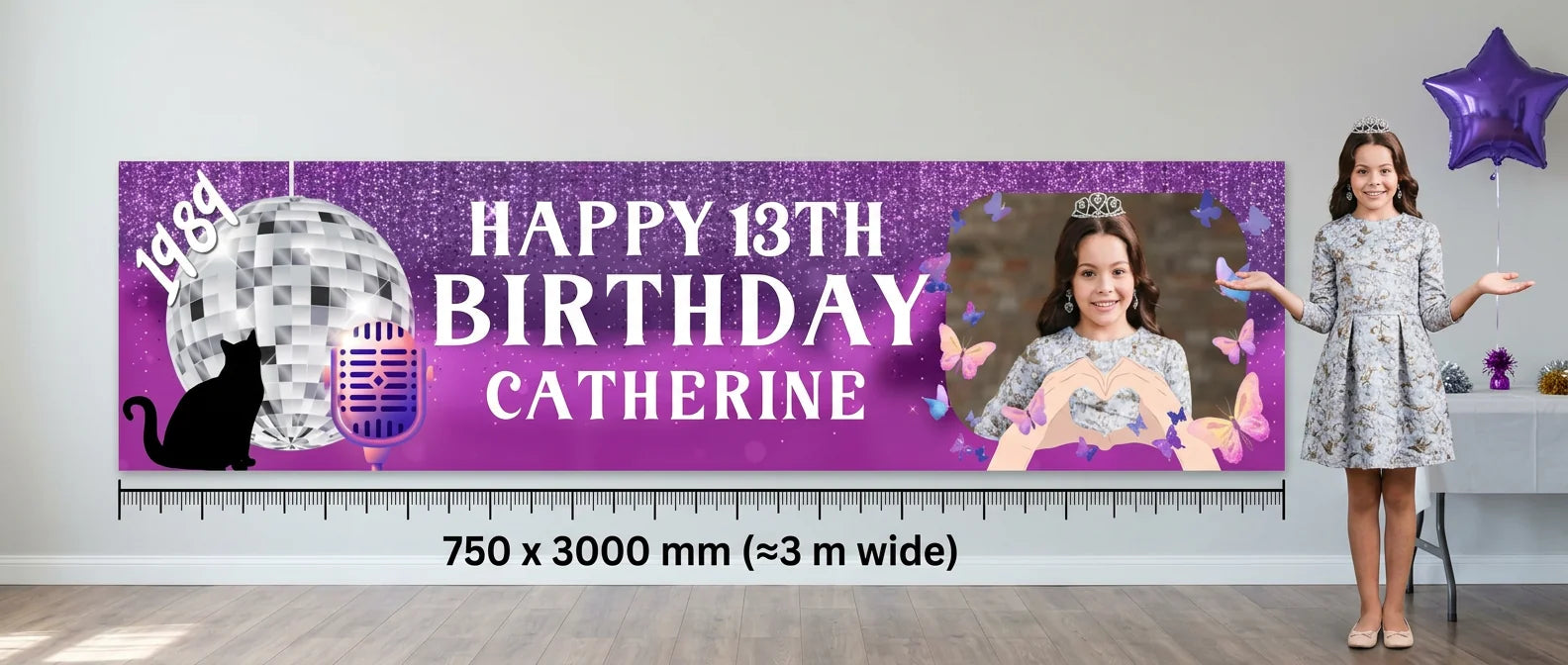 Person standing beside the The Eras Tour Theme Birthday Party Banner for scale, with size guide showing 750 x 3000 mm