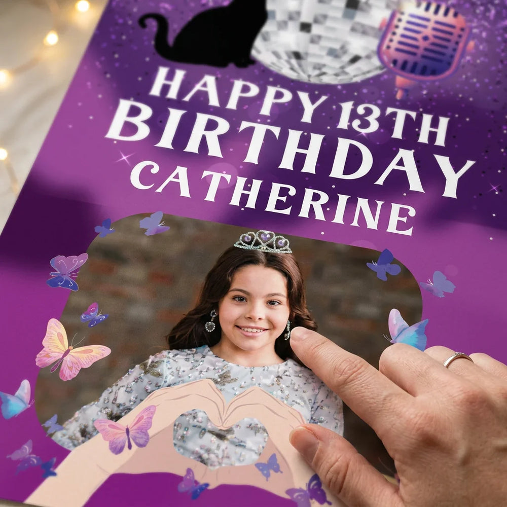 Close-up of the personalised name and photo printed on the The Eras Tour Theme Birthday Party Mega Card