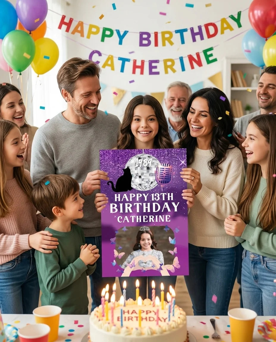 Friends and family celebrating with the personalised The Eras Tour Theme Birthday Party Mega Card