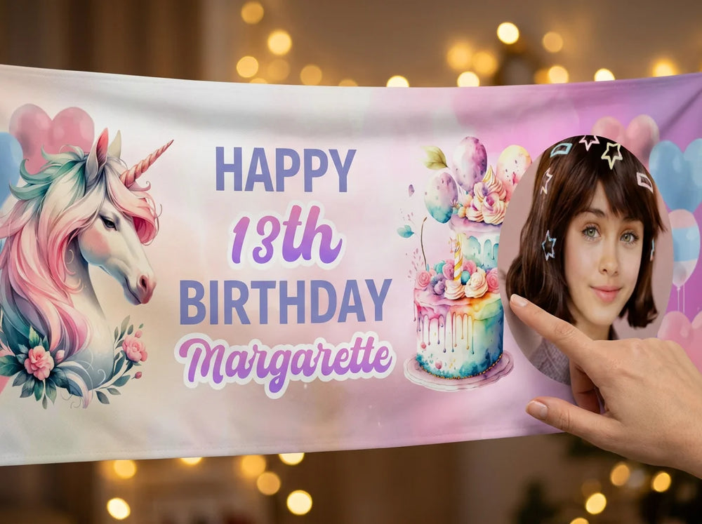 Close-up of the personalised name and photo printed on the Colorful Unicorn Theme Birthday Party Banner