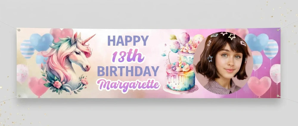 Personalised Colorful Unicorn Theme Birthday Party Banner displayed against a plain studio background