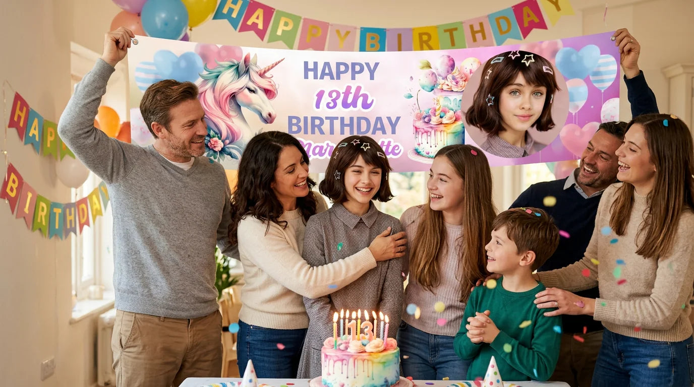 Friends and family celebrating with the personalised Colorful Unicorn Theme Birthday Party Banner