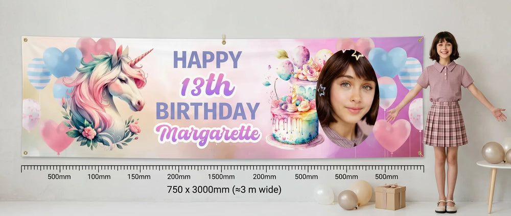Person standing beside the Colorful Unicorn Theme Birthday Party Banner for scale, with size guide showing 750 x 3000 mm