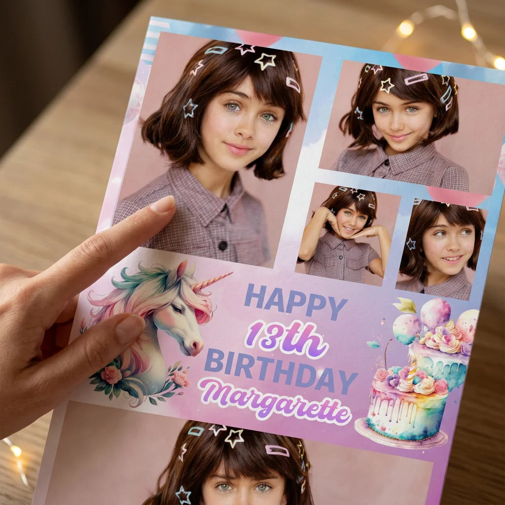 Close-up of the personalised name and photo printed on the Colorful Unicorn Theme Birthday Party Mega Card