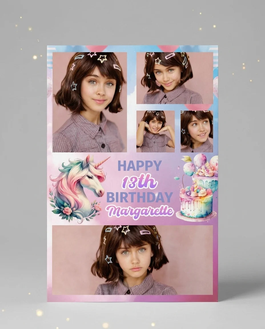 Personalised Colorful Unicorn Theme Birthday Party Mega Card displayed against a plain studio background
