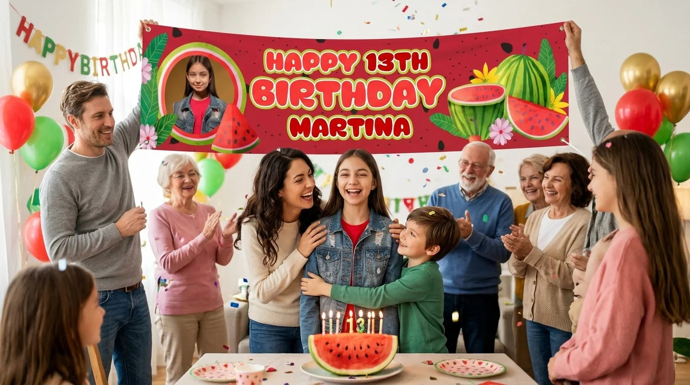 Friends and family celebrating with the personalised Watermelon Theme Birthday Party Banner