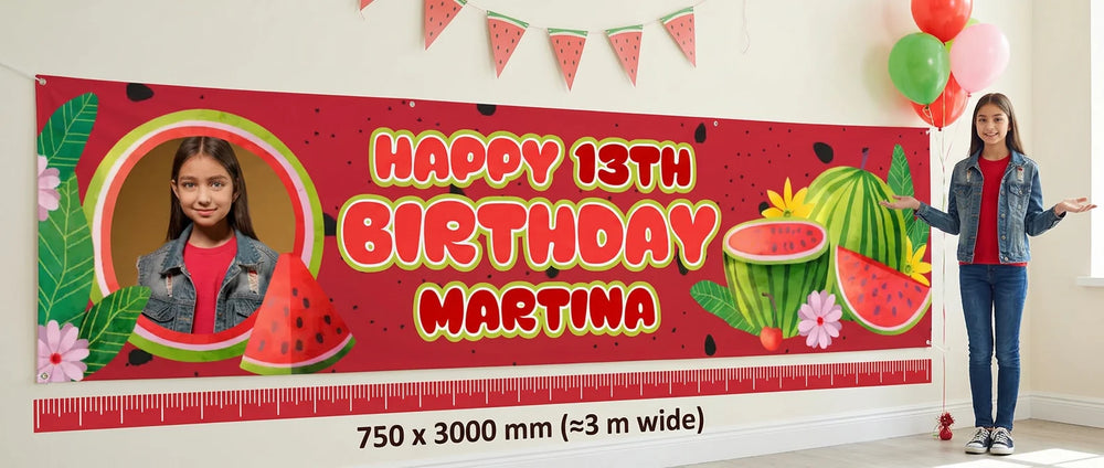 Person standing beside the Watermelon Theme Birthday Party Banner for scale, with size guide showing 750 x 3000 mm