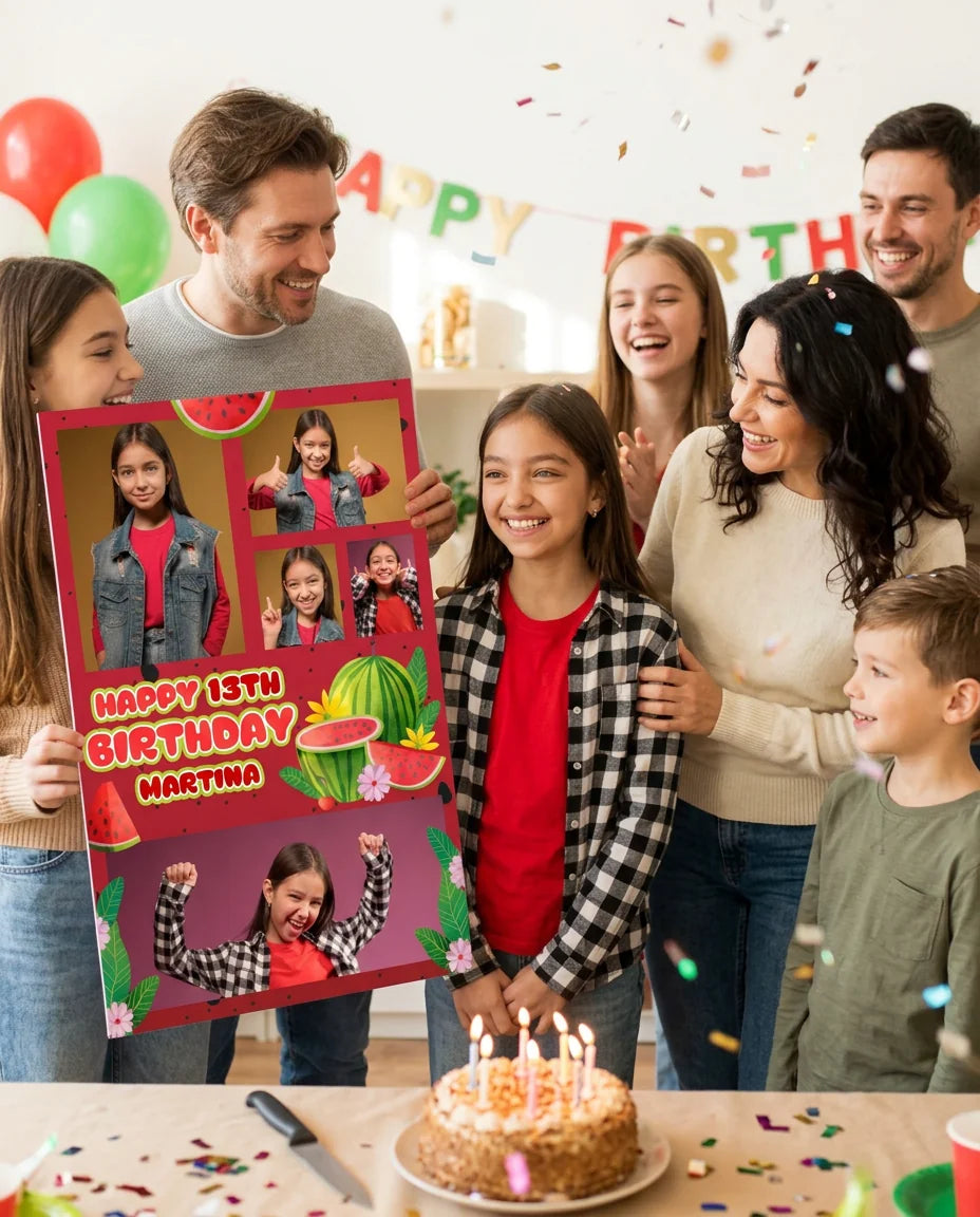 Friends and family celebrating with the personalised Watermelon Theme Birthday Party Mega Card
