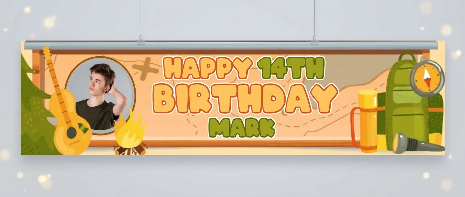 Personalised Camping Theme Birthday Party Banner displayed against a plain studio background