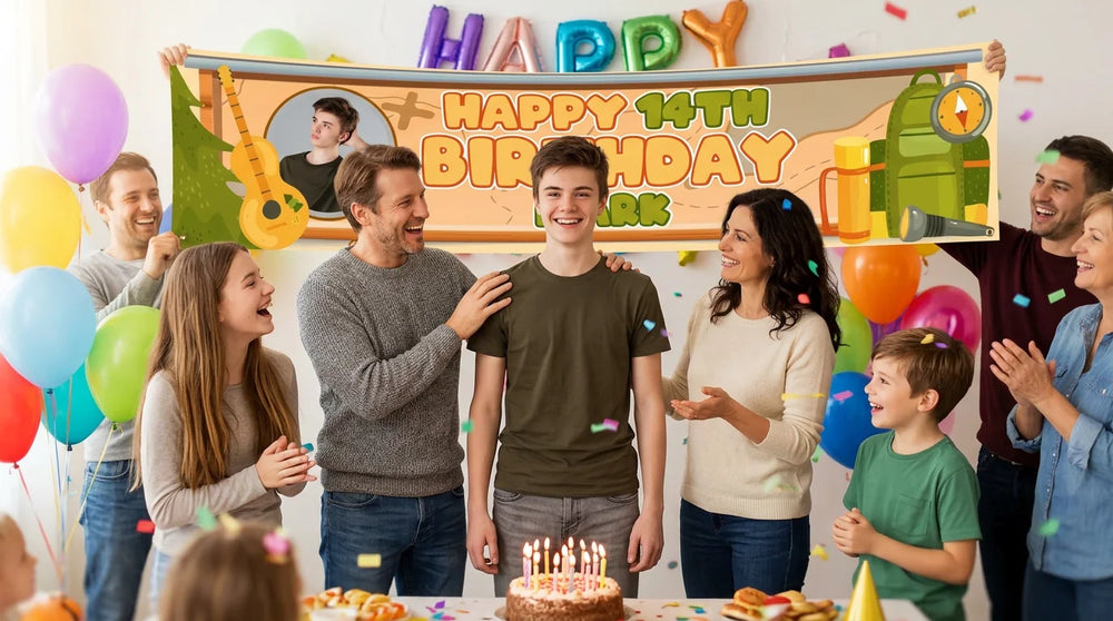 Friends and family celebrating with the personalised Camping Theme Birthday Party Banner