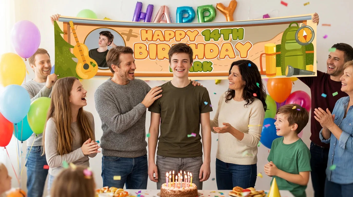 Friends and family celebrating with the personalised Camping Theme Birthday Party Banner