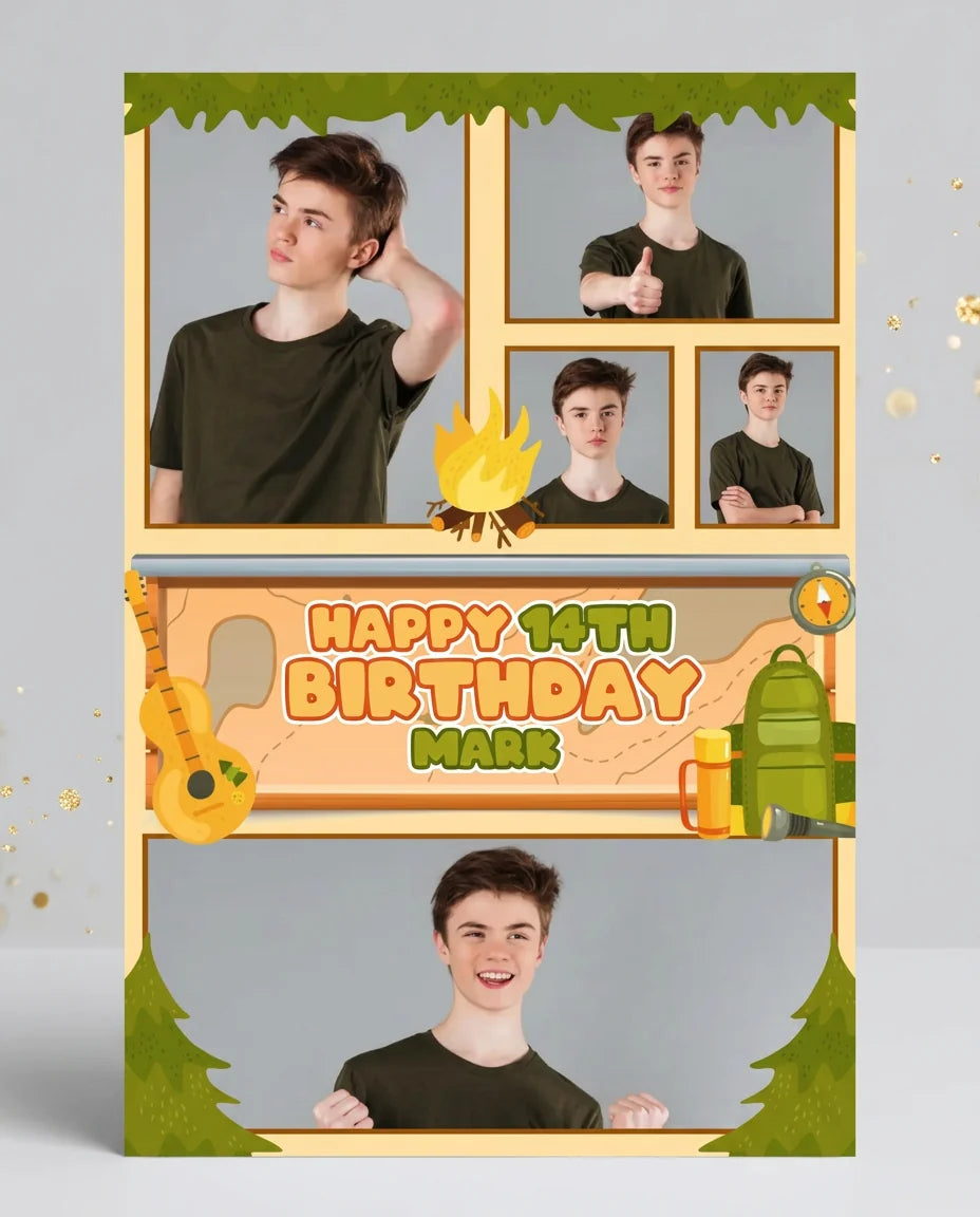 Personalised Camping Theme Birthday Party Mega Card displayed against a plain studio background