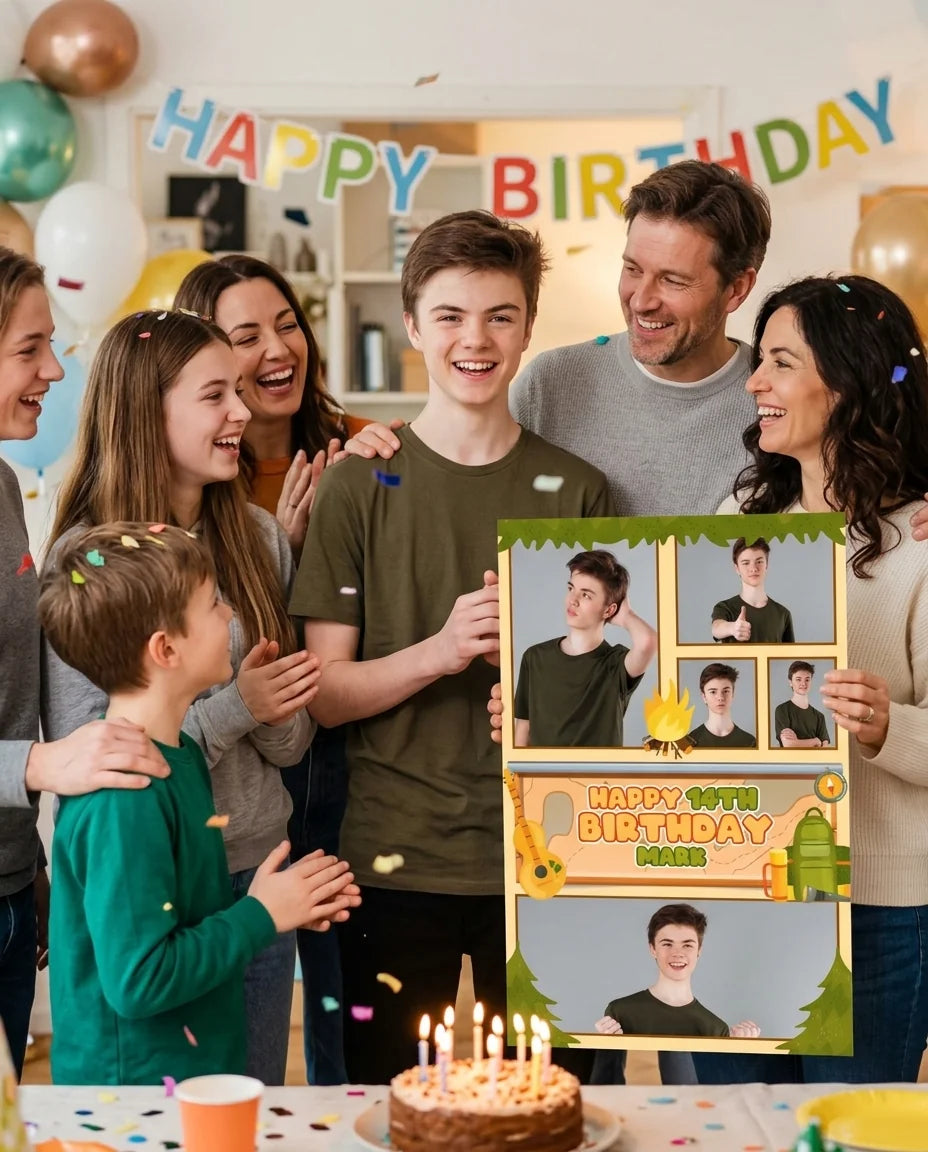 Friends and family celebrating with the personalised Camping Theme Birthday Party Mega Card