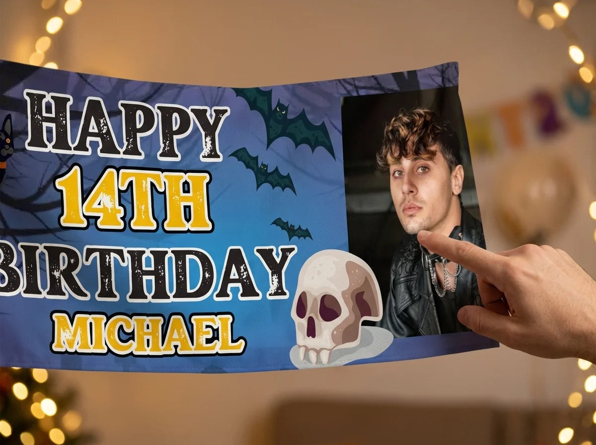 Close-up of the personalised name and photo printed on the Halloween Theme Birthday Party Banner