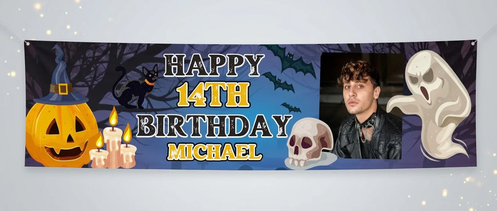 Personalised Halloween Theme Birthday Party Banner displayed against a plain studio background