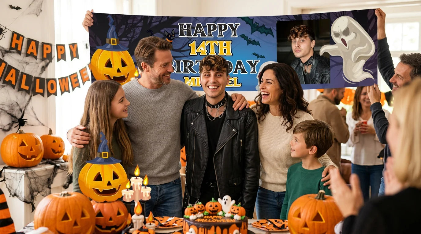 Friends and family celebrating with the personalised Halloween Theme Birthday Party Banner