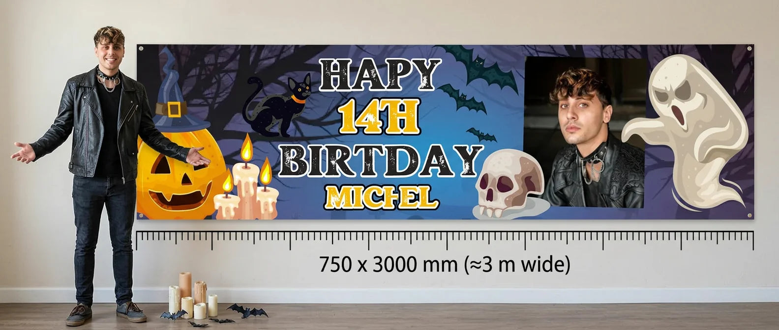 Person standing beside the Halloween Theme Birthday Party Banner for scale, with size guide showing 750 x 3000 mm