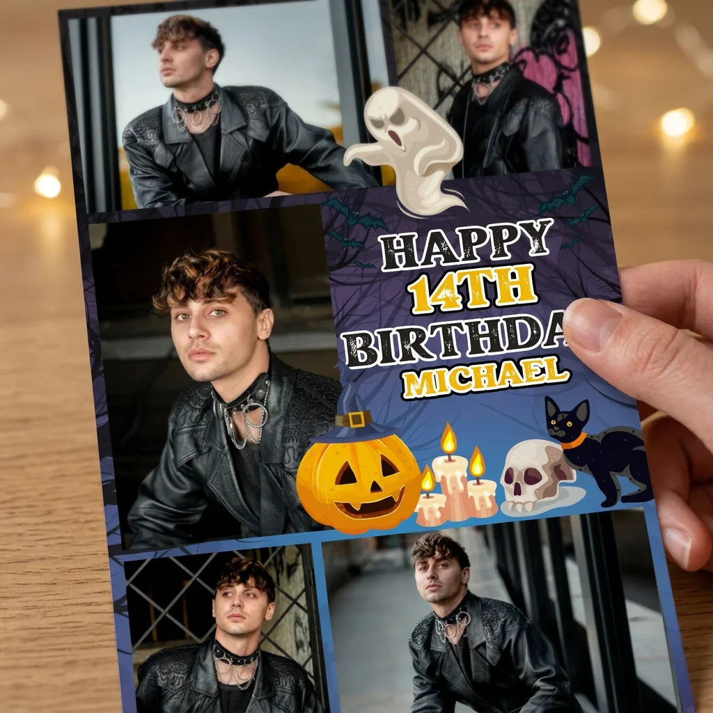 Close-up of the personalised name and photo printed on the Halloween Theme Birthday Party Mega Card