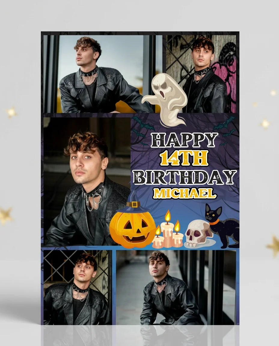 Personalised Halloween Theme Birthday Party Mega Card displayed against a plain studio background