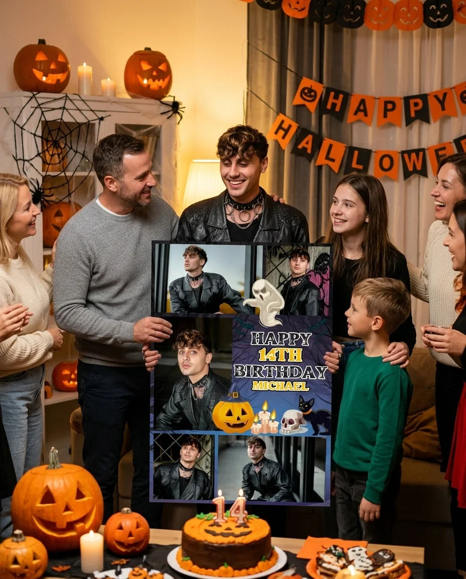 Friends and family celebrating with the personalised Halloween Theme Birthday Party Mega Card