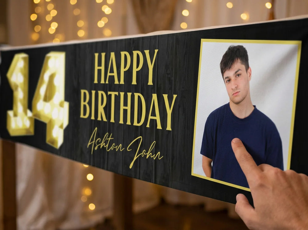 Close-up of the personalised name and photo printed on the Marquee Number 14 Birthday Party Banner