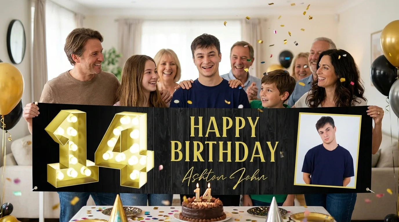 Friends and family celebrating with the personalised Marquee Number 14 Birthday Party Banner