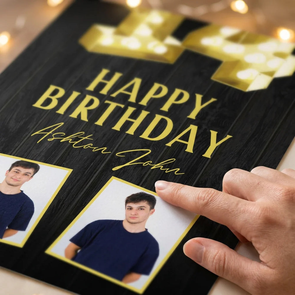 Close-up of the personalised name and photo printed on the Marquee Number 14 Birthday Party Mega Card