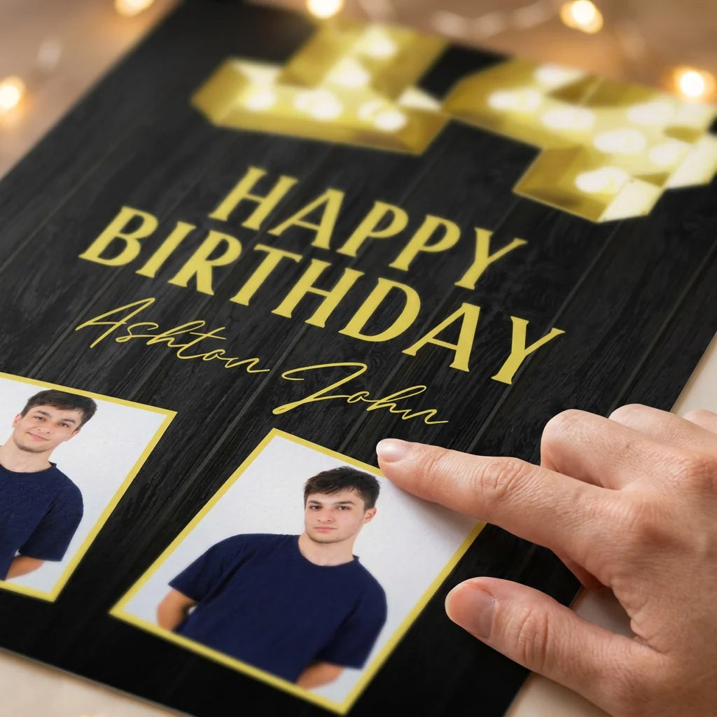 Close-up of the personalised name and photo printed on the Marquee Number 14 Birthday Party Mega Card