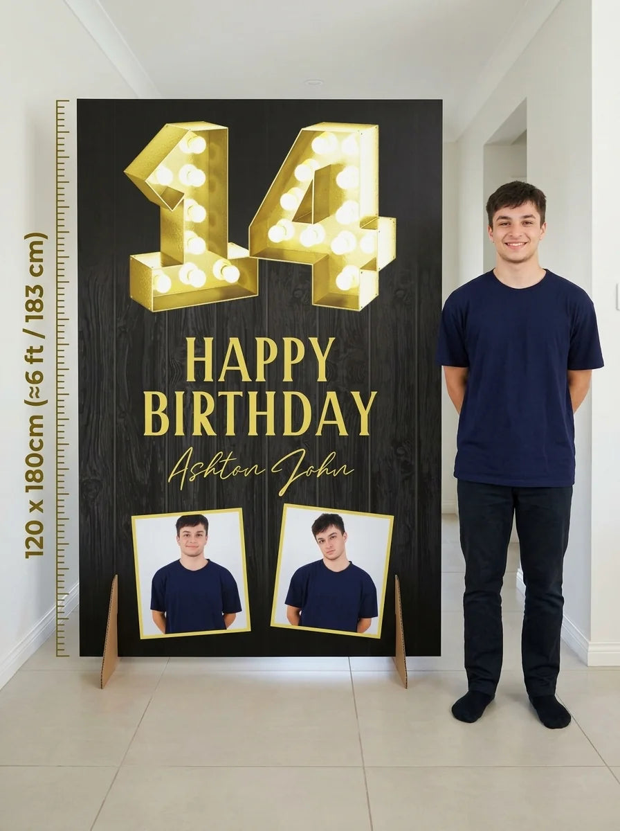 Person standing beside the Marquee Number 14 Birthday Party Mega Card for scale in a size guide