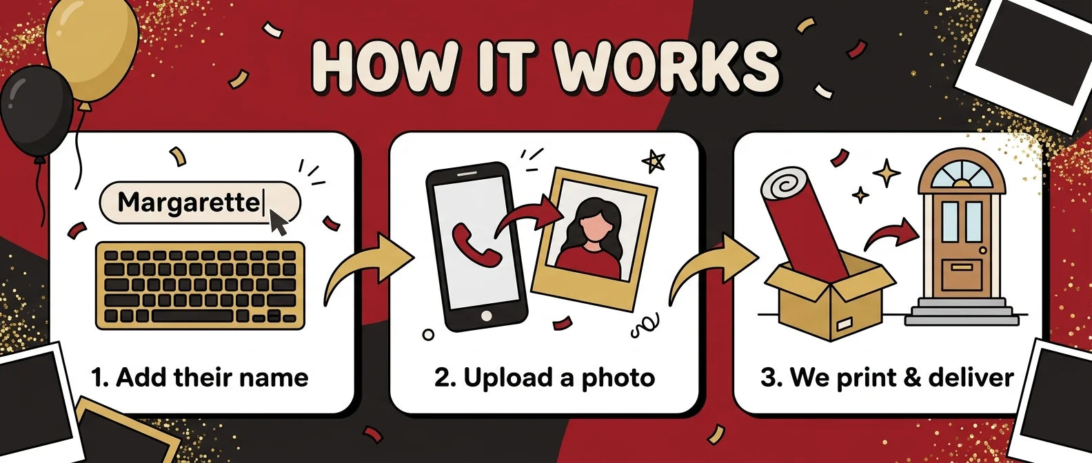 How it works: add a name, upload a photo, and we print and deliver the Red and Black Theme Birthday Party Banner