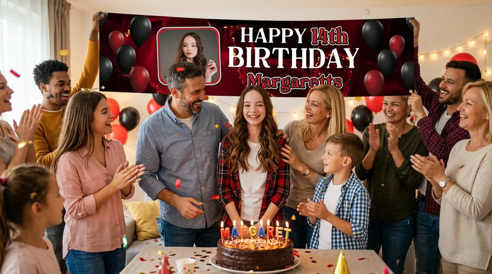 Friends and family celebrating with the personalised Red and Black Theme Birthday Party Banner